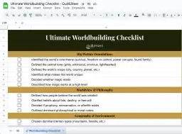 Arkusz kalkulacyjny "Ultimate Worldbuilding Checklist" pomaga w budowaniu światów, organizując kluczowe elementy od fundamentów po geografię.