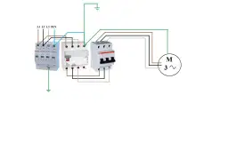 Schemat podłączenia przepięciówki z wyłącznikiem różnicowoprądowym i silnikiem trójfazowym.