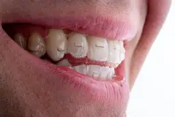 Nakładki ortodontyczne Invisalign w Warszawie, Krakowie i Wrocławiu – porównanie klinik. Widok zbliżenia na usta z widocznymi przezroczystymi nakładkami na zębach.