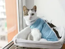 Kotka w niebieskiej koszulce pooperacyjnej siedzi w koszyku przy oknie.