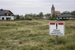 Znak "Uwaga! Stanowiska archeologiczne" na tle zabudowań i kościoła.