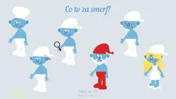 Wesoły dzień smerfa w przedszkolu! Smerfy w czapkach, jeden z lupą, inny z ołówkiem, a Papa Smerf w czerwonej czapce.