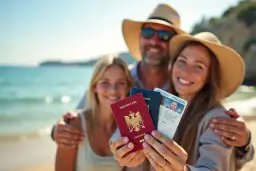 Rodzina na plaży trzyma paszporty. Czy do Hiszpanii potrzebny jest paszport? Tak, dla obywateli spoza UE.