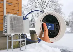 Zimowy krajobraz i pompa ciepła. Dowiedz się, jaką temperaturę ustawić na pompie ciepła, by cieszyć się komfortem.