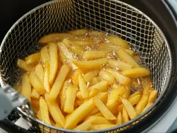 Frytki smażące się w gorącym oleju w metalowym koszyku.