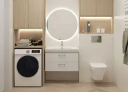 Kompaktowa łazienka 2m2 z pralką, umywalką, podwieszaną toaletą i podświetlanym lustrem. Drewniane szafki dodają ciepła.