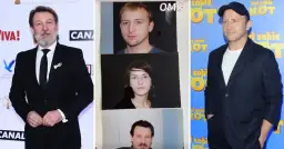 Aktorzy z obsady "Był sobie kot" - od lewej: Jerzy Stuhr, nieznani aktorzy, Tomasz Schuchardt.
