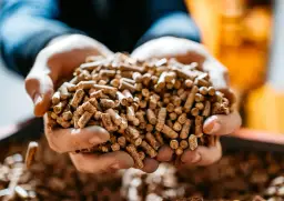 Garść pelletu w dłoniach, symbolizująca, ile pelletu spala kocioł.