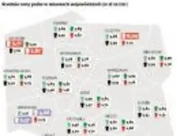 Mapa Polski z cenami paliw (LPG i benzyna) w różnych miastach.