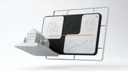 Model domów i interfejs z ikonami: budynki, oko, cel, schemat. Idealne do bloga o marketingu.