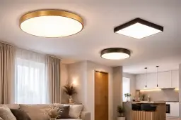 Nowoczesne plafony oświetlają salon i kuchnię. Okrągły złoty plafon, kwadratowy czarny i mniejszy okrągły tworzą przytulną atmosferę.