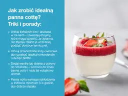 Idealna panna cotta w szklance, udekorowana musem truskawkowym i świeżymi owocami.