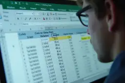 Osoba w okularach patrzy na arkusz kalkulacyjny Excel z danymi i formułami.