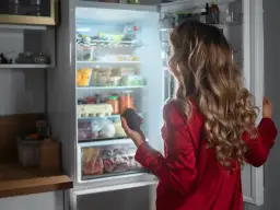 Kobieta w czerwonej piżamie trzyma awokado, patrząc na otwartą, pełną jedzenia lodówkę.
