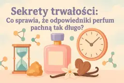Klepsydra, zegar, butelka perfum i składniki zapachowe na tle chmur.