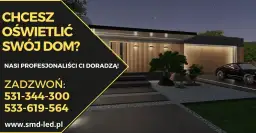 Nowoczesne oświetlenie elewacji domu parterowego podkreśla jego architekturę. Profesjonalne doradztwo w zakresie oświetlenia.