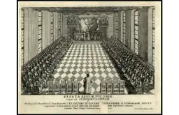 Rycina przedstawia salę z szachownicową posadzką, pełną siedzących mężczyzn w strojach z epoki, zgromadzonych wokół tronu.