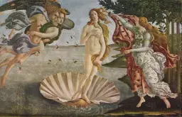 Botticellis Venus auf einer Muschel, umgeben von Göttern und einer Nymphe.
