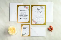 Eleganckie zaproszenia ślubne z motywem kwiatowym i złotymi ramkami. Wzory zaproszeń zawierają informacje o ceremonii, przyjęciu i potwierdzeniu przybycia.