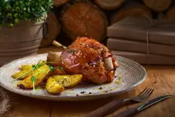 Soczysta, pieczona golonka z chrupiącymi ziemniakami. Idealna na obiad, jak peklować golonkę, by była tak pyszna.