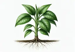 Zielona, bujna roślina z rozłożystymi liśćmi i gęstym systemem korzeni, ukazująca piękno natury.