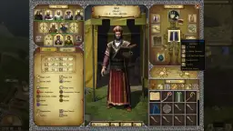 Mat, mistyk z gry Legends of Eisenwald, przygotowuje się do walki. Jego ekwipunek zawiera mroczny płaszcz nekromanty.