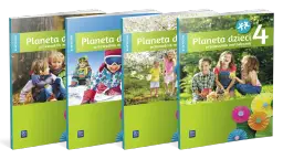 Cztery okładki książek "Planeta dzieci" z wesołymi dziećmi w różnym wieku, w tym dziecko 5 lat, bawiącymi się na tle przyrody.