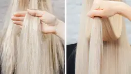 Dwa ujęcia blond włosów: przed i po zabiegu, pokazujące różnicę w ich wyglądzie.