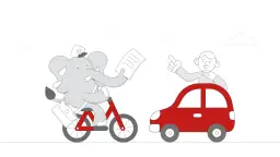 Słoń na rowerze dostarcza dokumenty, a człowiek w czerwonym samochodzie pokazuje kciuk w górę. Potwierdzenie OC z internetu szybko i łatwo!