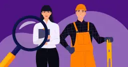 Kobieta w białej koszuli i mężczyzna w pomarańczowym kombinezonie, obok nich lupa i poziomica.