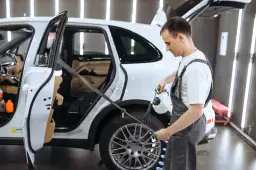 Pracownik detailingu samochodowego pokazuje, jak prać pasy bezpieczeństwa w białym SUV-ie, używając specjalistycznego sprzętu.