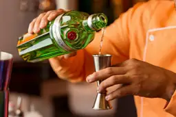 Barman nalewa gin do jiggera. Standardowy shot to 45 ml, a jigger barmański ma proporcje 25/50 ml.