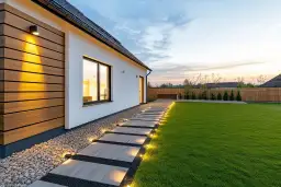 Nowoczesny dom z drewnianą elewacją i oświetloną ścieżką z płyt chodnikowych wokół domu.