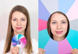 Kobieta z niebieskimi oczami i paletą kolorów, idealną na chłodne lato. Jej twarz otoczona jest pastelowymi barwami.