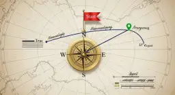 Jak wyznaczyć azymut na mapie? Ilustracja pokazuje kompas, trasę od punktu "Start" do "Norngerseg" i kąt 30° Ccgsst.