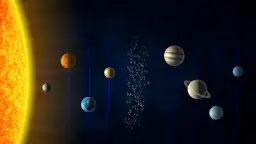 Ilustracja Układu Słonecznego z Słońcem i planetami na tle gwiazd.