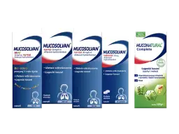 Kilka opakowań leków Mucosolvan (syropy, tabletki) i Muconatural Complete.