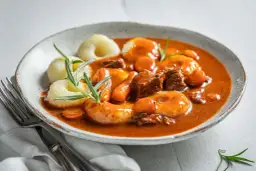 Kluski śląskie z gulaszem i marchewką w sosie, udekorowane rozmarynem.