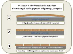 Ilustracja przedstawia uszkodzenia drewnianej posadzki spowodowane wilgotnym jastrychem.