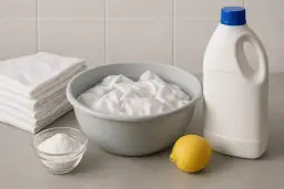 Biała bluzka w misce z wodą, obok cytryna, proszek i wybielacz. Oto jak czym wybielić białą bluzkę.