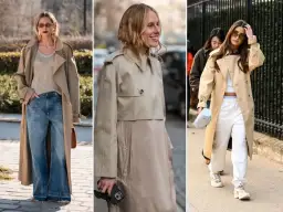 Beżowy trencz stylizacje: luźne jeansy, sportowy komplet i elegancka sukienka. Klasyka w trzech odsłonach.
