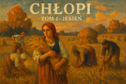 Obraz przedstawia scenę żniw jesienią. Kobieta z koszem zboża na pierwszym planie, w tle pracujący chłopi i stogi siana.