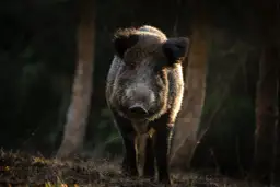 Dziki dzik w lesie, oświetlony słońcem. Czy myśliwi będą mieli płacone za odstrzał dzików?