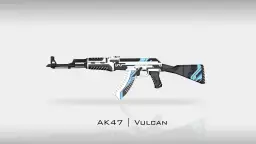 AK-47 Vulcan skin z niebieskimi i białymi wzorami na czarnym tle.
