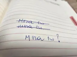 Napisane niebieskim długopisem na kartce w linie: "Msza św.", "Msza św." (przekreślone), "Msza św.?