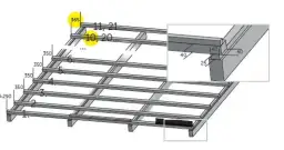 Schemat rozstawu łat pod blachodachówkę modułową. Wymiary: 350 mm, 365 mm, 10-20 mm, 11-21 mm. Detal połączenia łat.