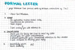 Zapiski o języku formalnym i strukturze listu: nagłówek "FORMAL LETTER", zwroty grzecznościowe, wstęp, zakończenie. Trzecia forma write jest kluczowa.
