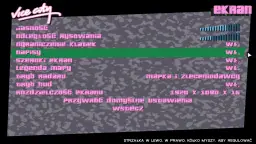 Menu ustawień graficznych GTA Vice City. Opcja "napisy" jest podświetlona, co sugeruje, że można tu włączyć spolszczenie.