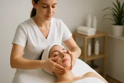 Relaksacyjny masaż twarzy, który może być częścią rytuału kobido. Terapeuta delikatnie masuje skórę, poprawiając jej wygląd i samopoczucie.