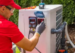 Technik w rękawiczkach sprawdza panel pompy ciepła, by zapewnić optymalną, jaką temperaturę daje pompa ciepła. Narzędzia leżą obok.